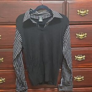 George 2 in 1 Black V-Neck Sweater with Striped Collar and Long Sleeves